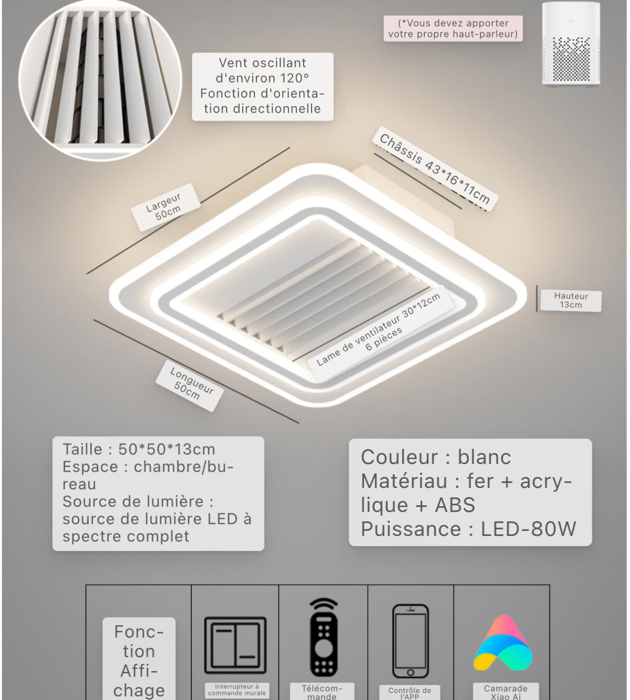 Plafonnier LED avec ventilateur directionnel 80W 50x50x13cm